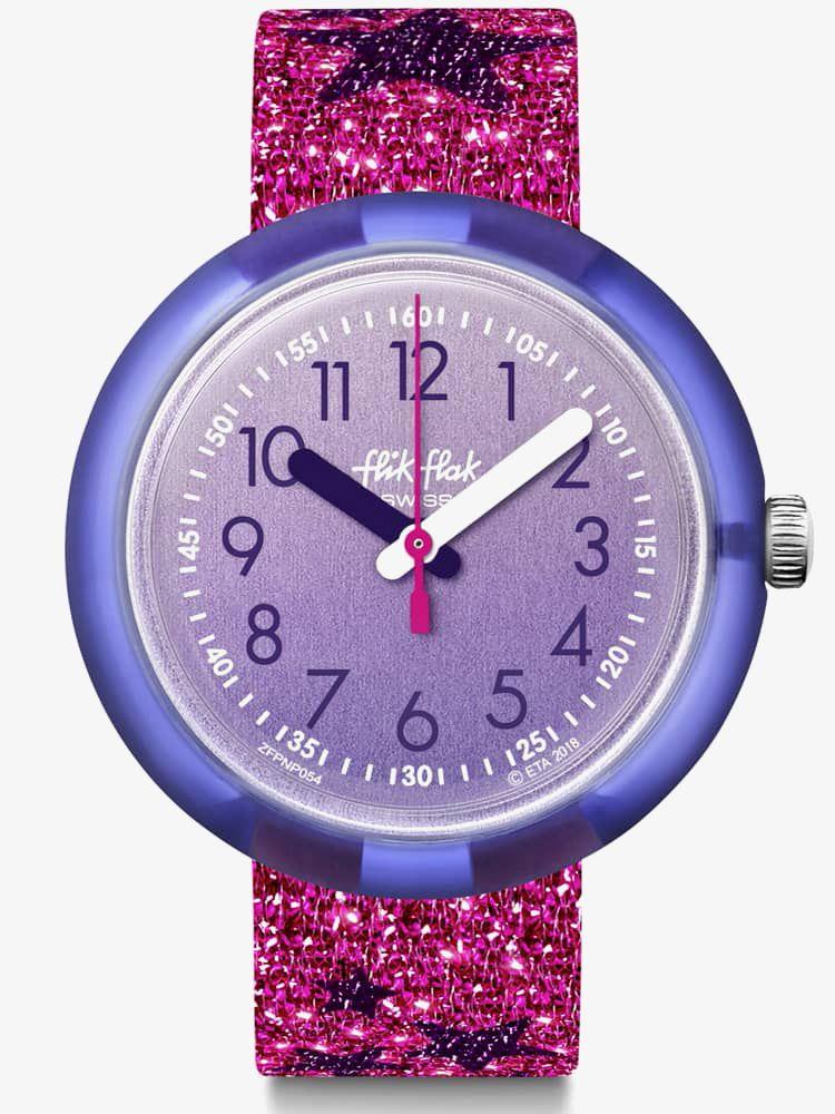 Girls purple dial quartz wristwatch with glitter purple pink textile strap, front view