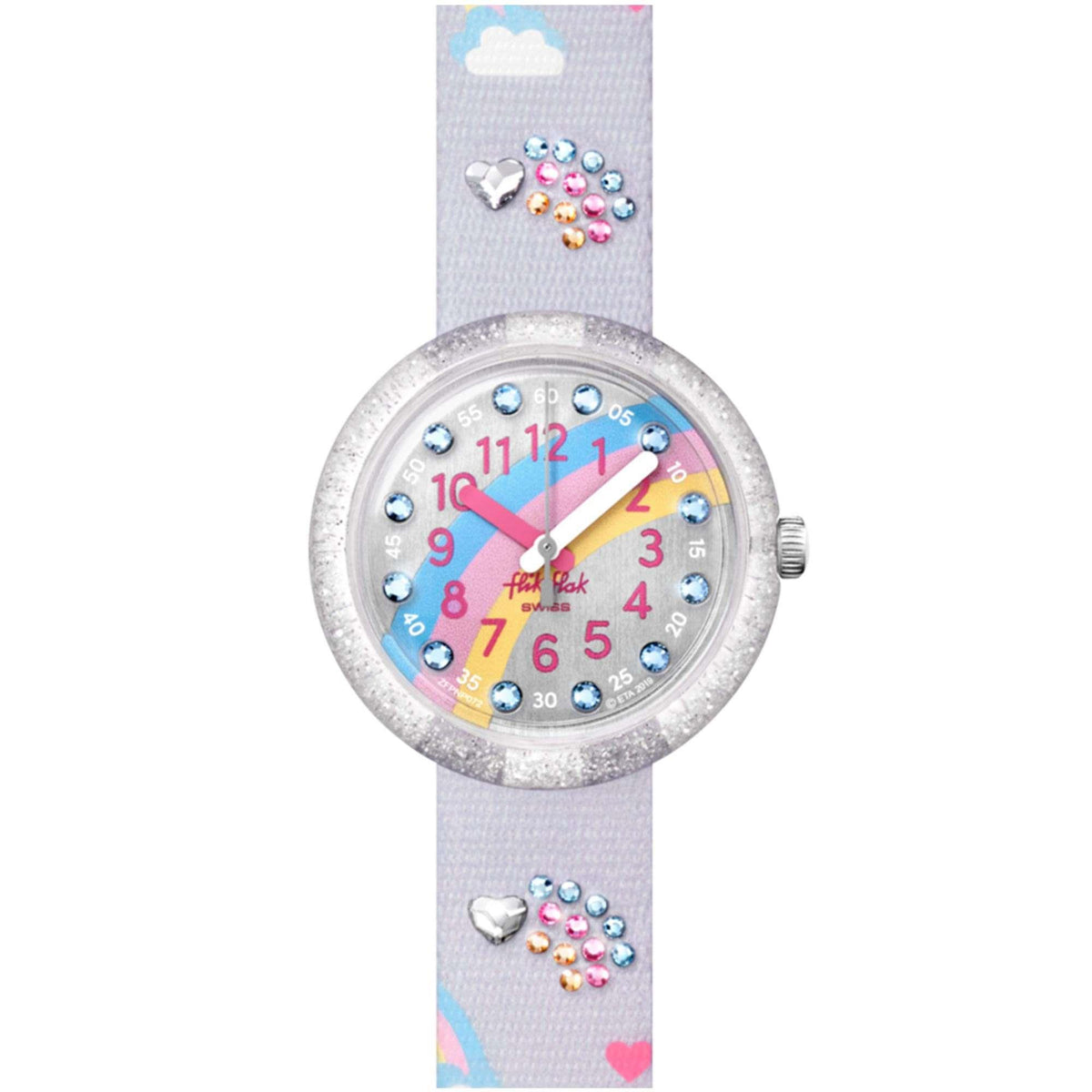 Flik Flak kids quartz wristwatch with rainbow dial and light grey strap, heart and jewel charms