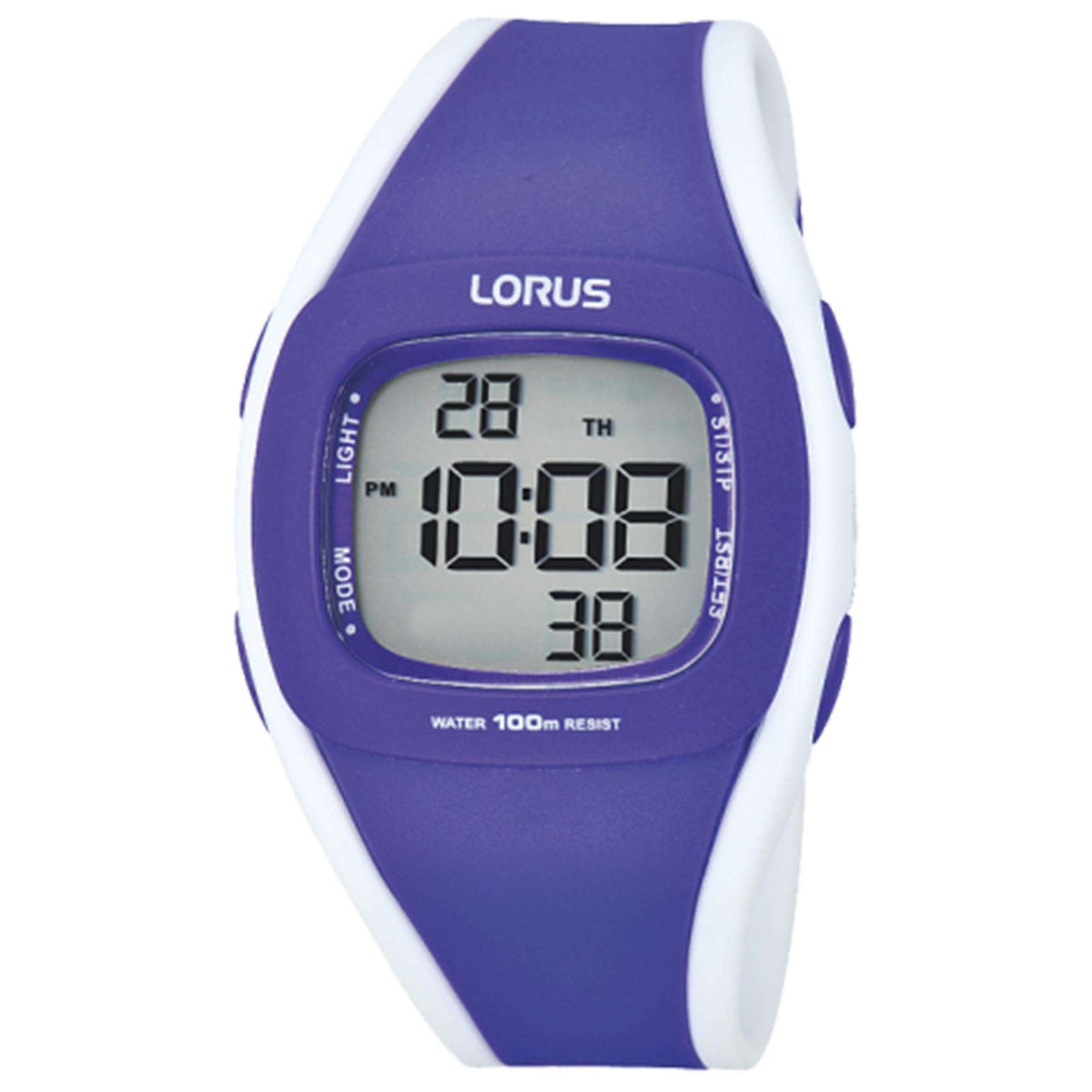 Purple digital ladies watch with white strap; LCD shows 18:08 with PM indicator.