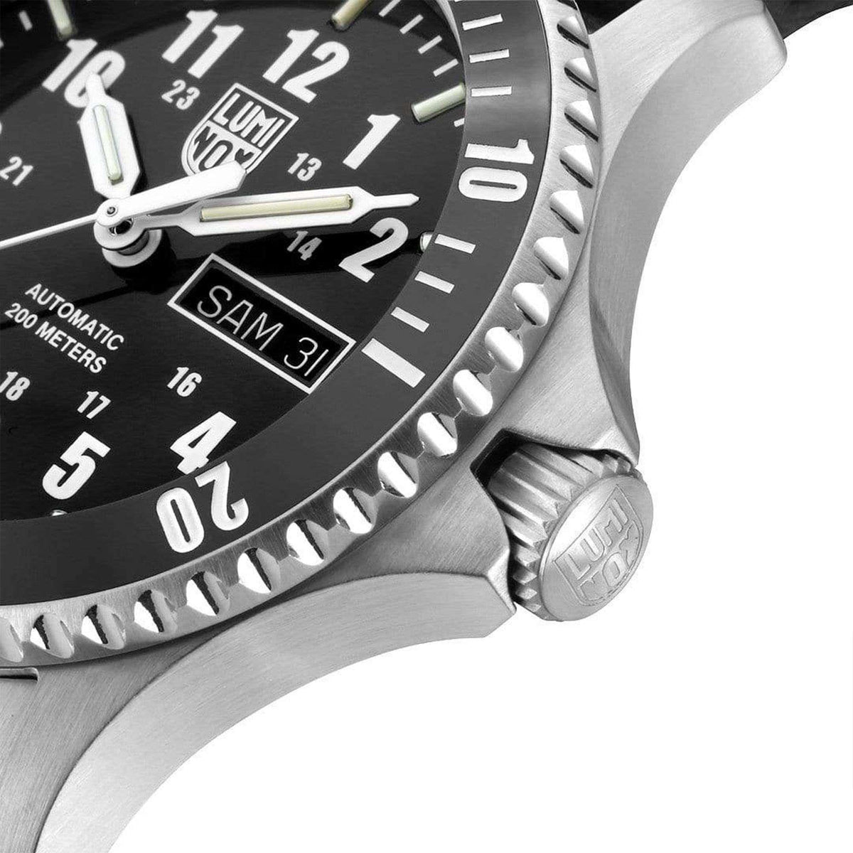 Automatic wristwatch with black dial, metal bezel, luminous hands, and date window at 3 o’clock