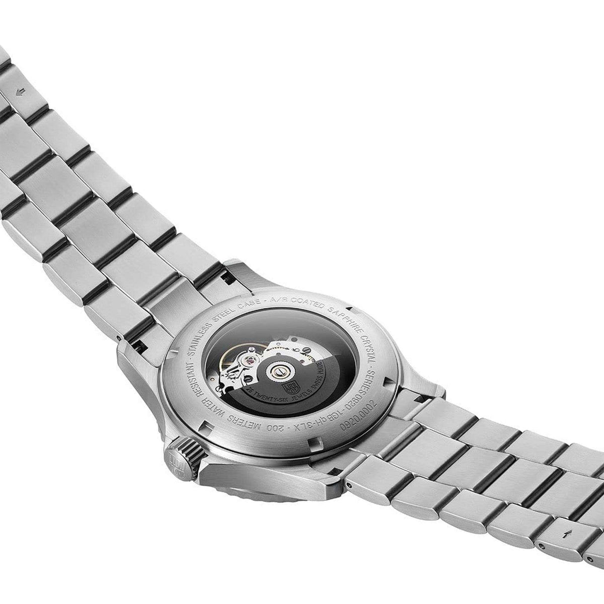 Stainless steel men's watch back with internal markings and metal bracelet