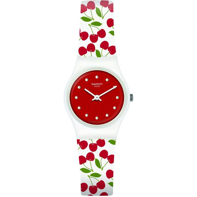Women's quartz watch with red dial, silver-toned markers, and white cherry-pattern rubber band