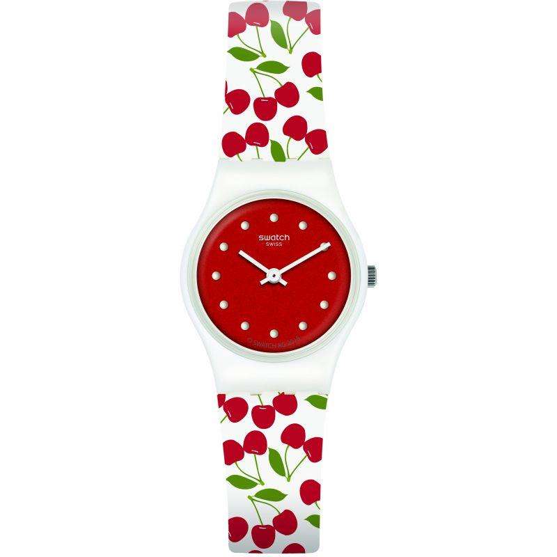 Women's quartz watch with red dial and white cherry print rubber strap