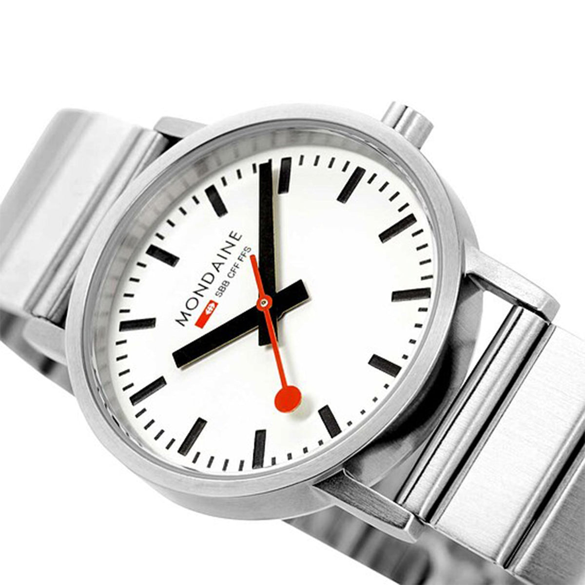 Stainless steel bracelet watch with white dial, black hands, and red second hand