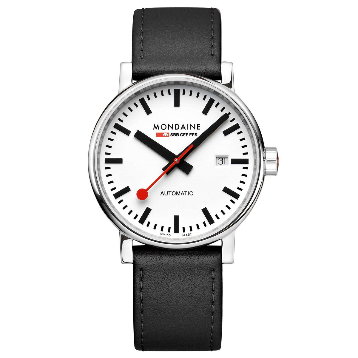 Automatic watch with white dial and black leather strap, round silver case, date window