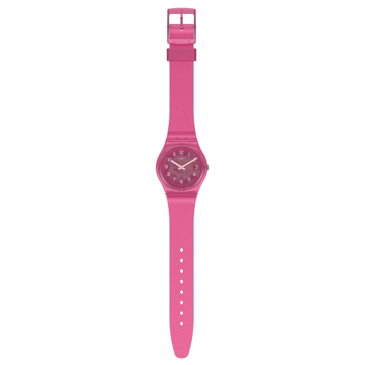 Pink silicone strap quartz watch with buckle and pink dial, front view