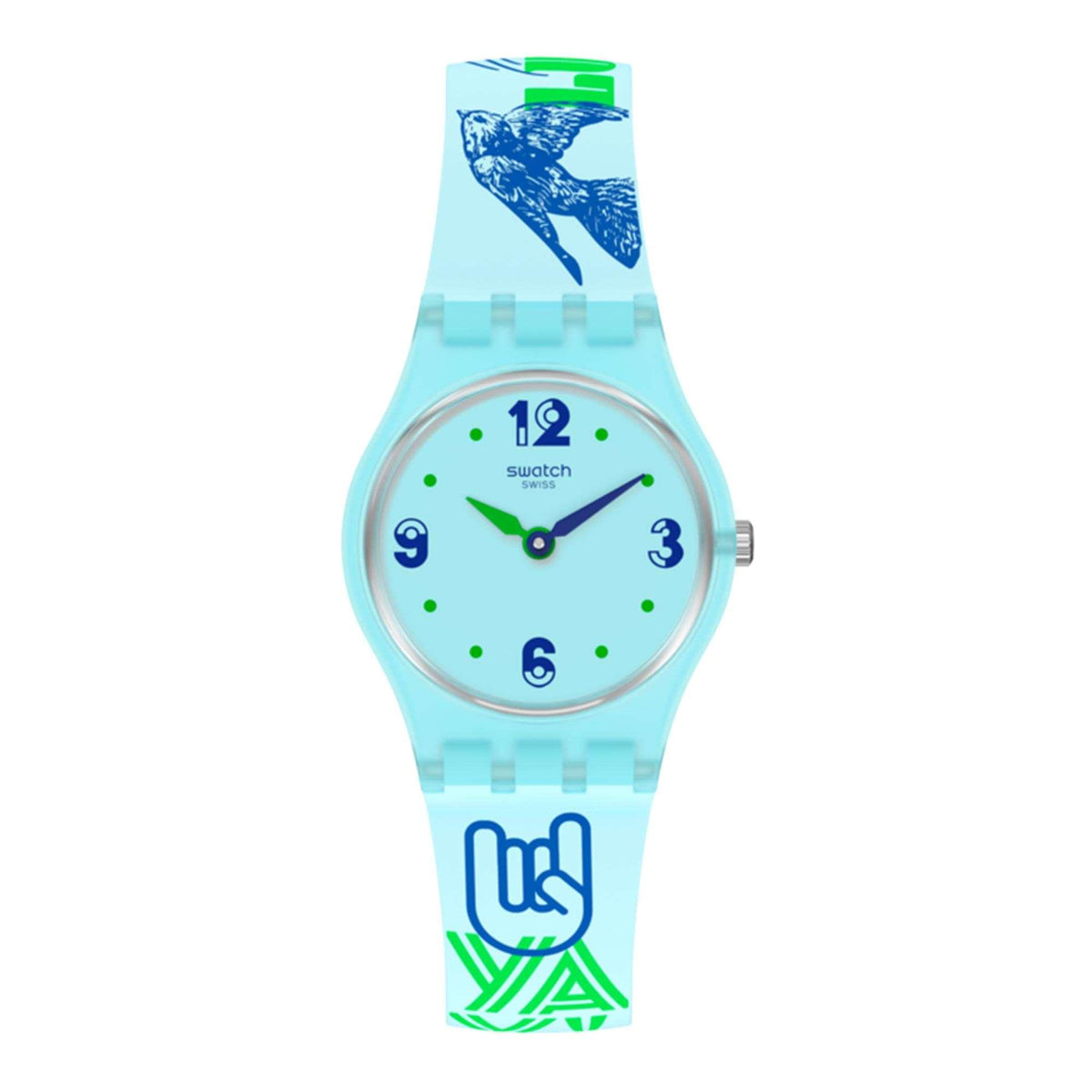 Quartz watch with light blue dial, round markers, and light blue patterned strap