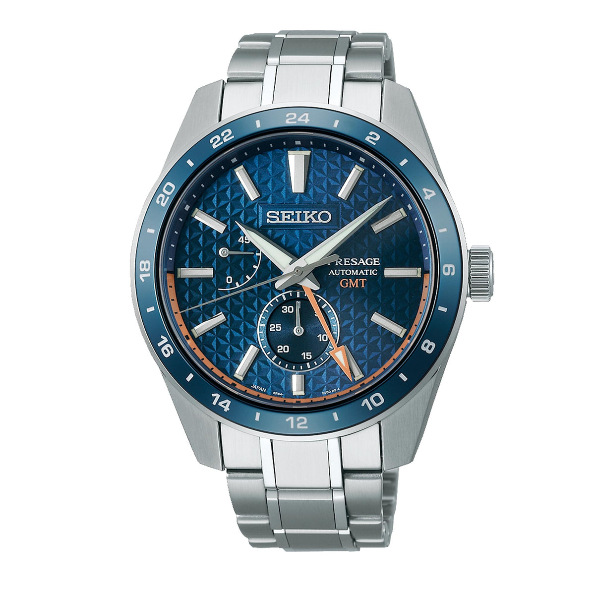 Seiko stainless steel GMT watch with blue dial, steel bracelet, sharp-edged case