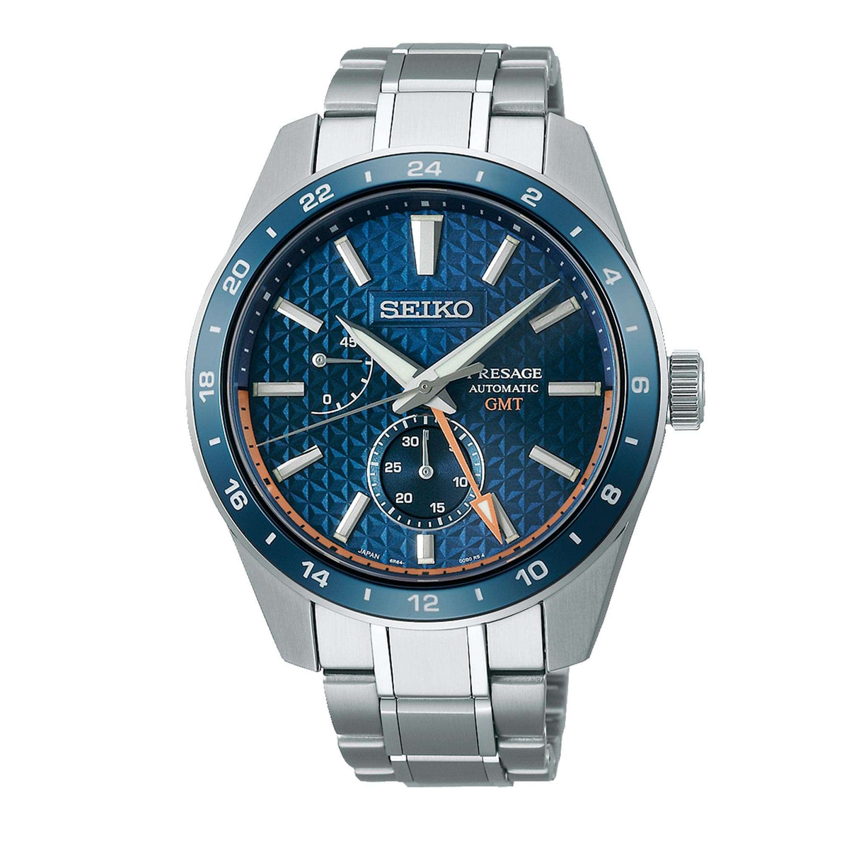 Seiko GMT automatic watch with blue patterned dial and stainless steel bracelet