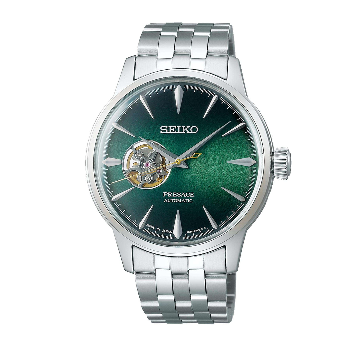 Automatic wristwatch with green dial, Seiko Presage branding, stainless steel link bracelet