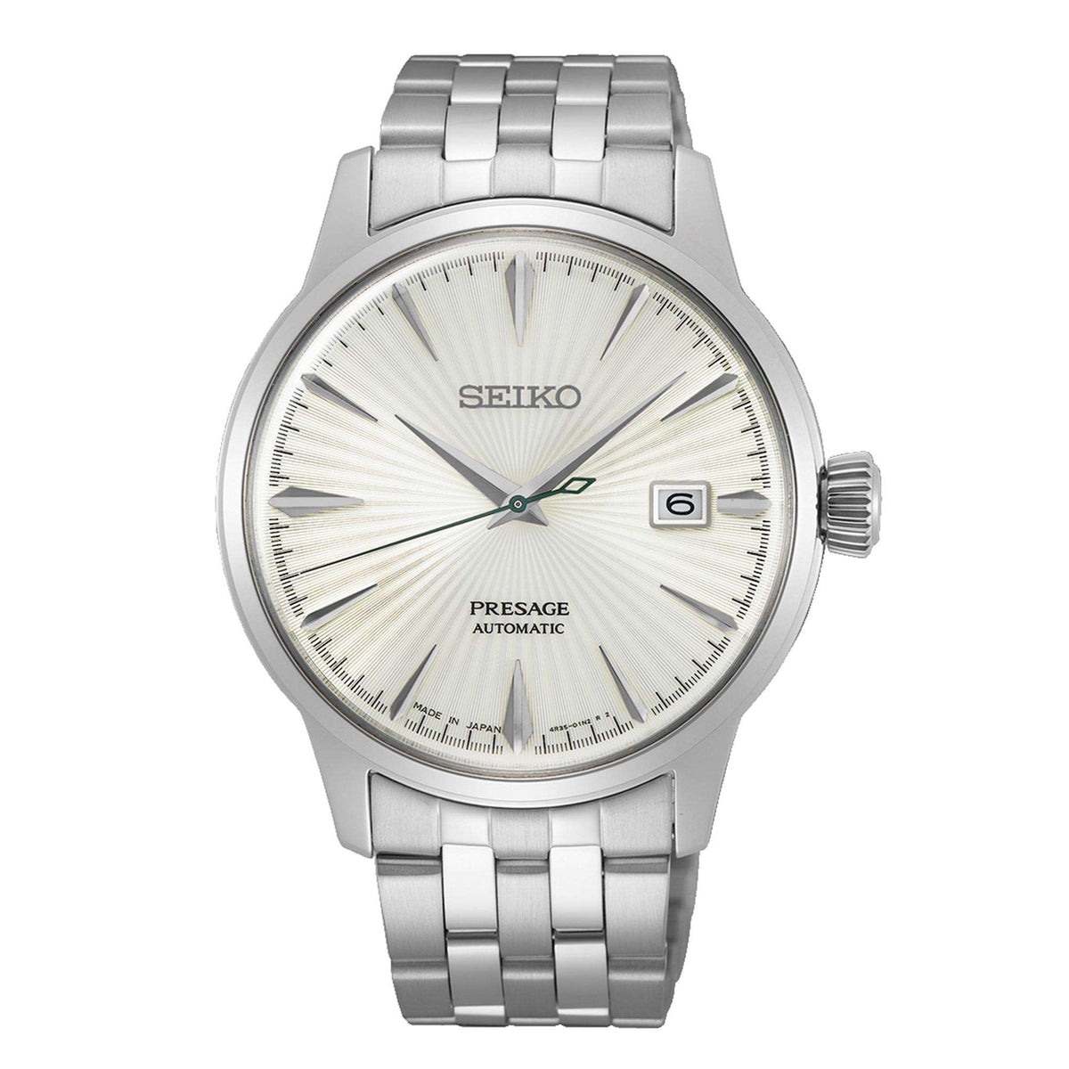 Men's stainless steel watch with champagne dial and slim crown, link bracelet visible