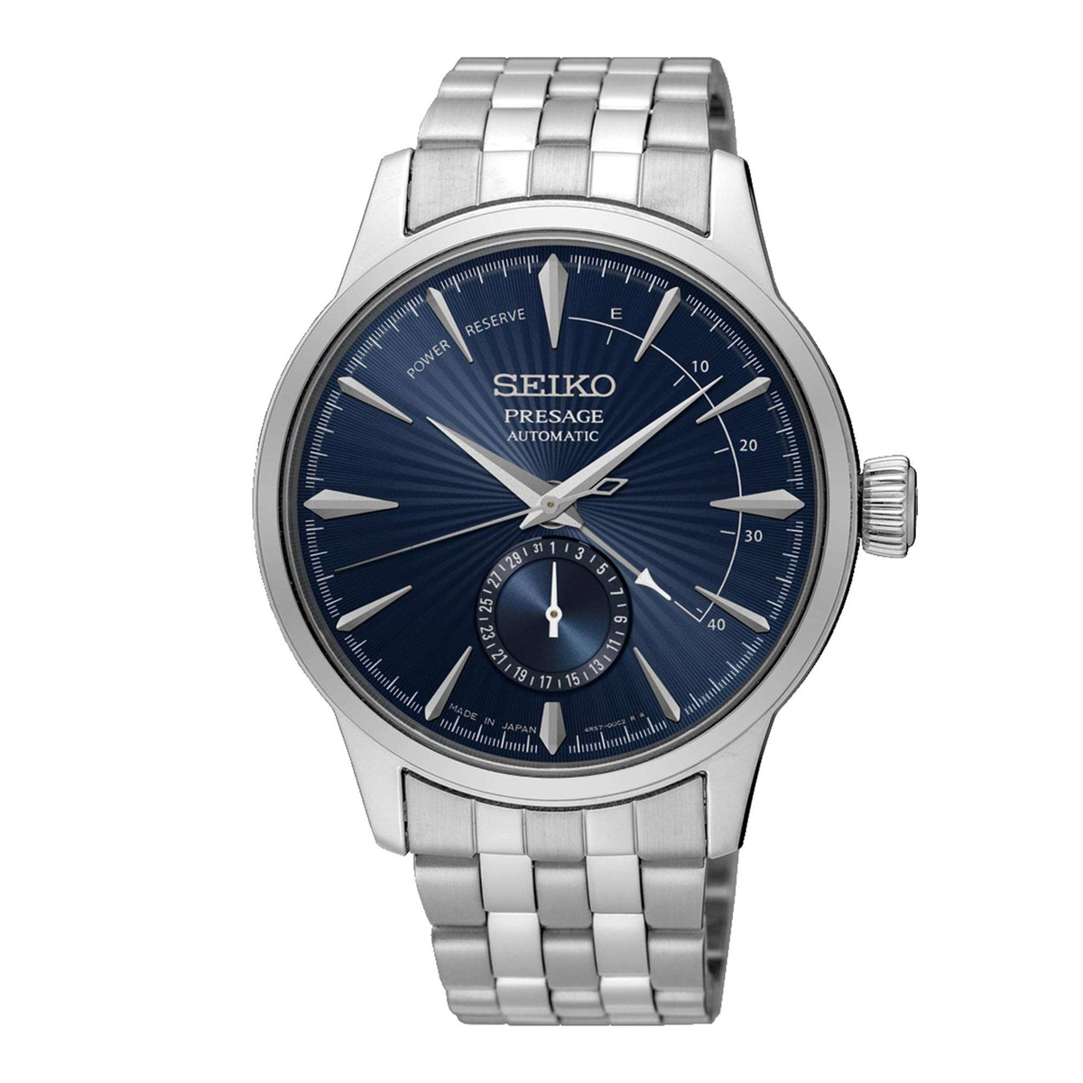 Seiko Presage stainless steel automatic wristwatch with blue dial and metal bracelet