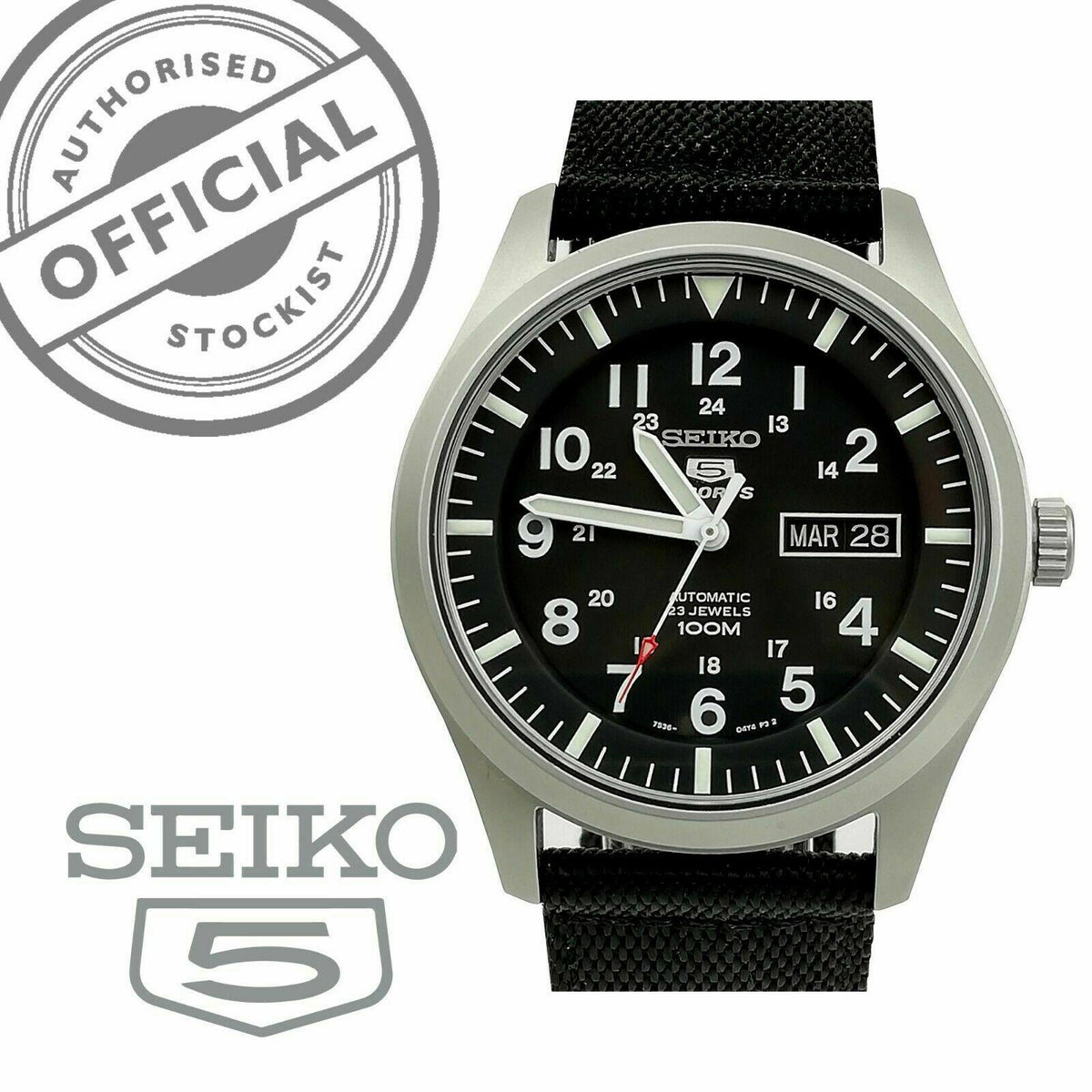 Seiko 5 Sports watch with Official Stockist and SEIKO 5 badges