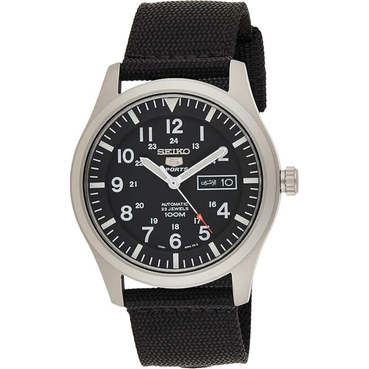 Seiko 5 Sports men’s automatic watch with black dial and black canvas NATO strap