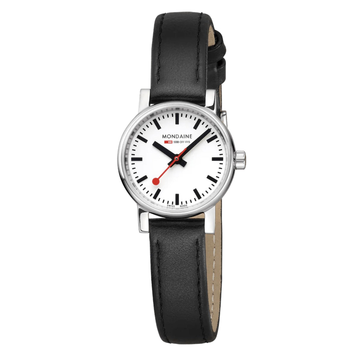 Mondaine ladies watch with black leather strap, silver case, white dial, and red hands