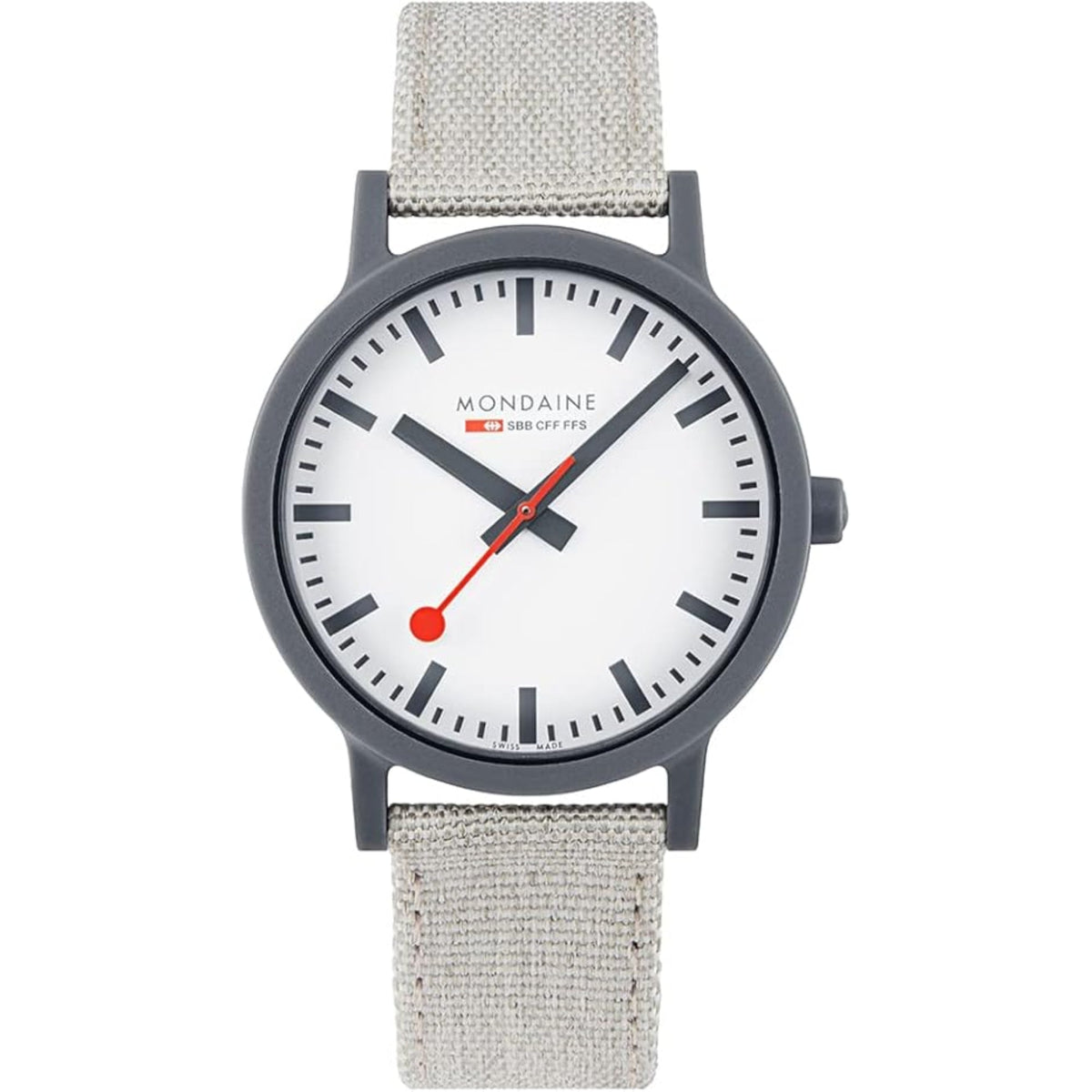 Unisex quartz wristwatch with white dial, black markers, red second hand, grey textile strap.