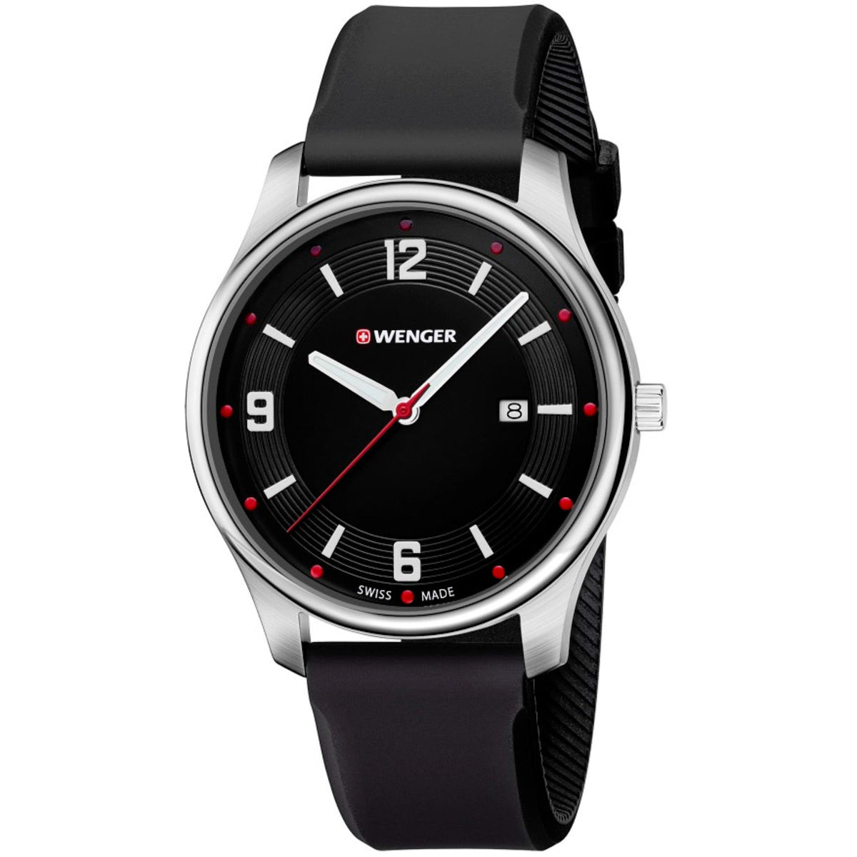 Men's silver-cased wristwatch with black dial, black silicone band, and red hands