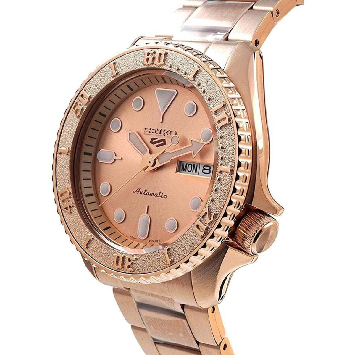 Seiko 5 Sports SRPE72K1 rose gold dial side view