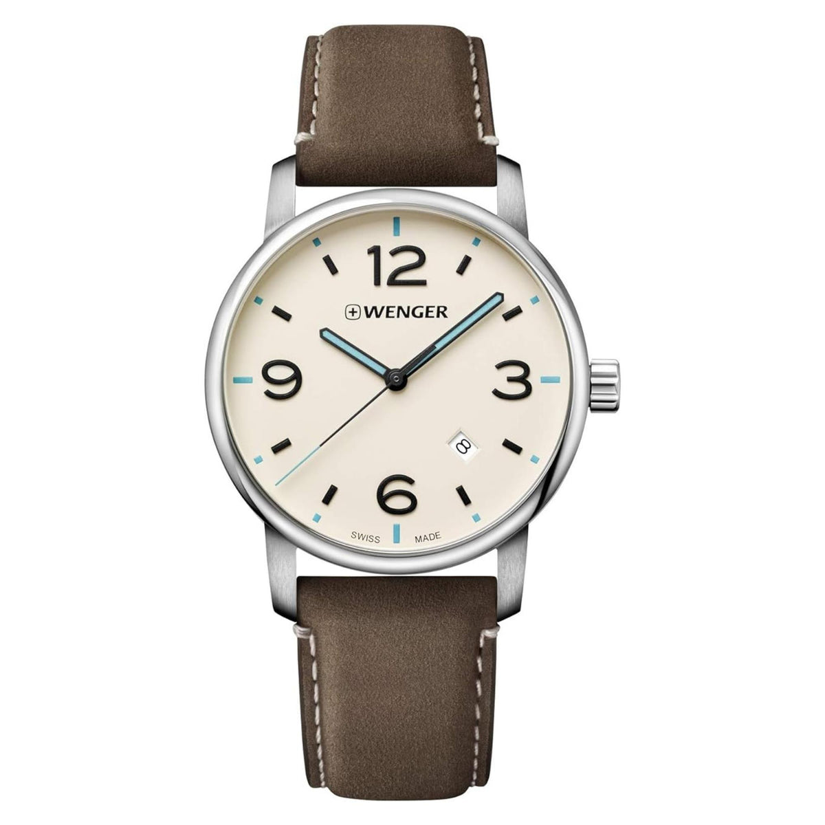 Men's quartz wristwatch with silver bezel, cream dial and WENGER logo, brown strap