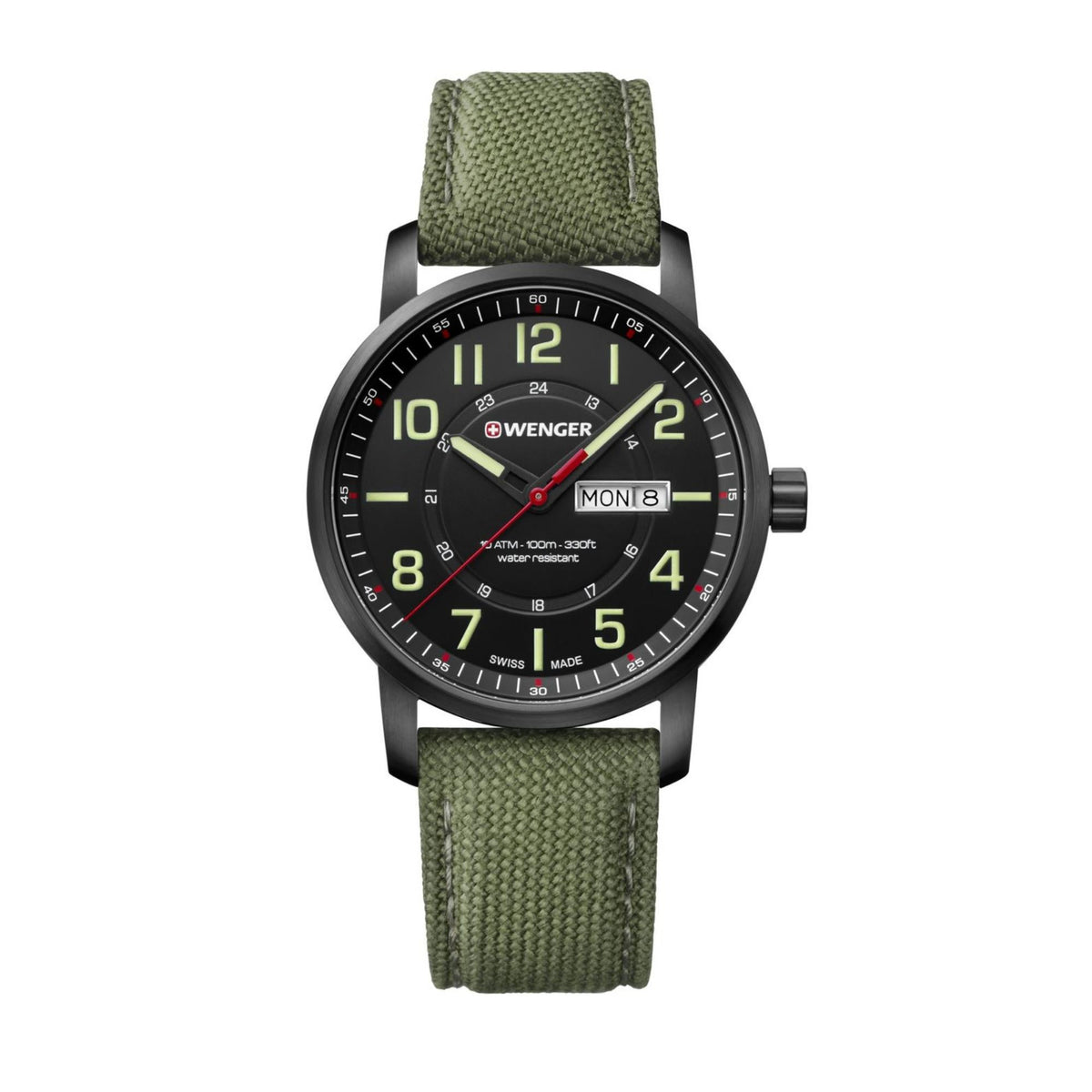 Men's Wenger quartz watch with black face, green nylon strap, date window