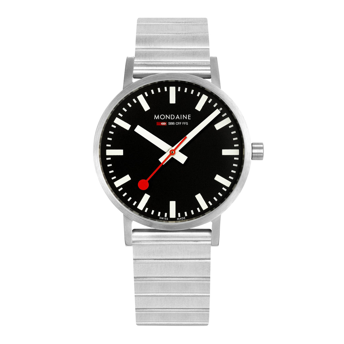 Quartz wristwatch front view with black dial, red accents, and silver steel bracelet