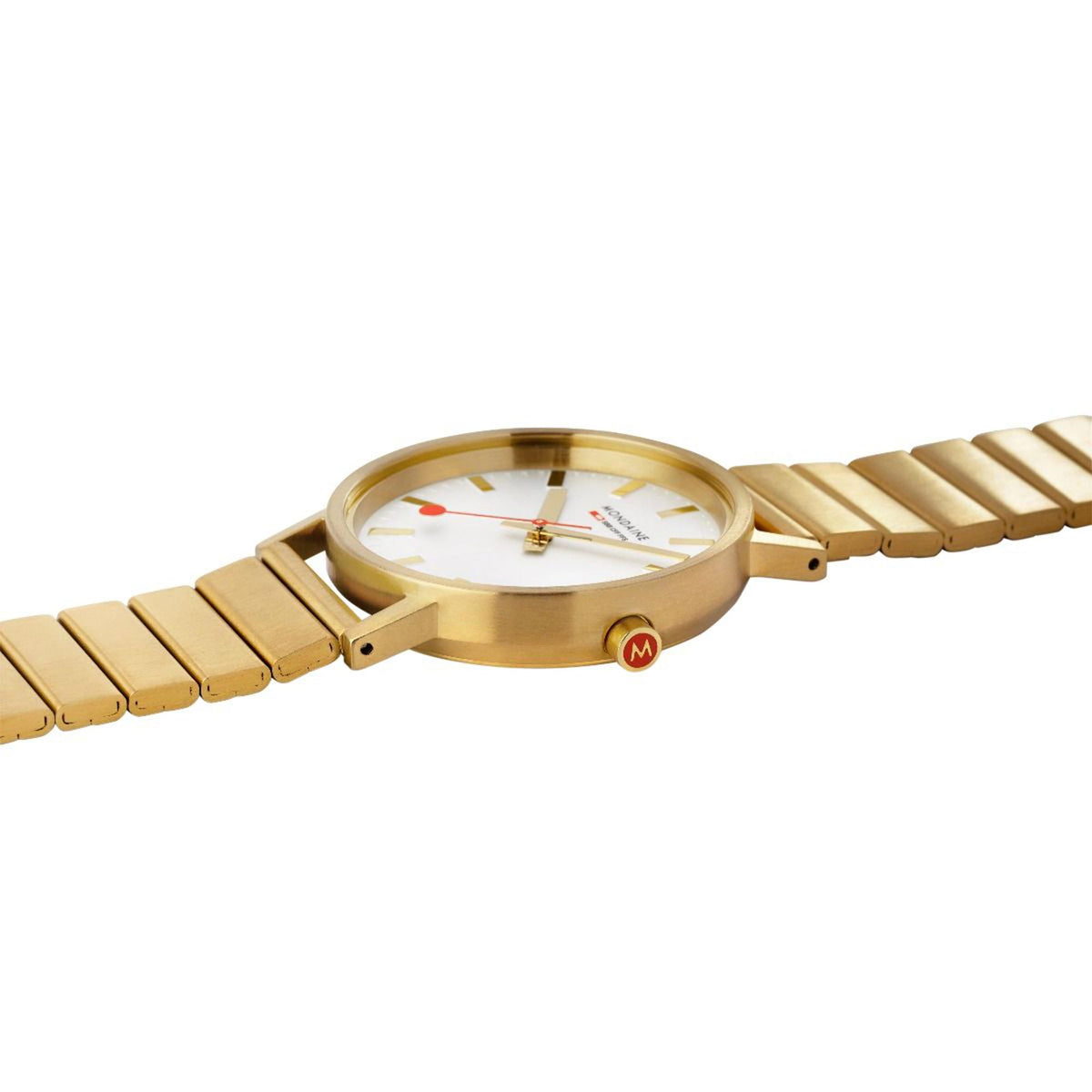 Mondaine gold-tone watch with white dial and bracelet links, angled side view