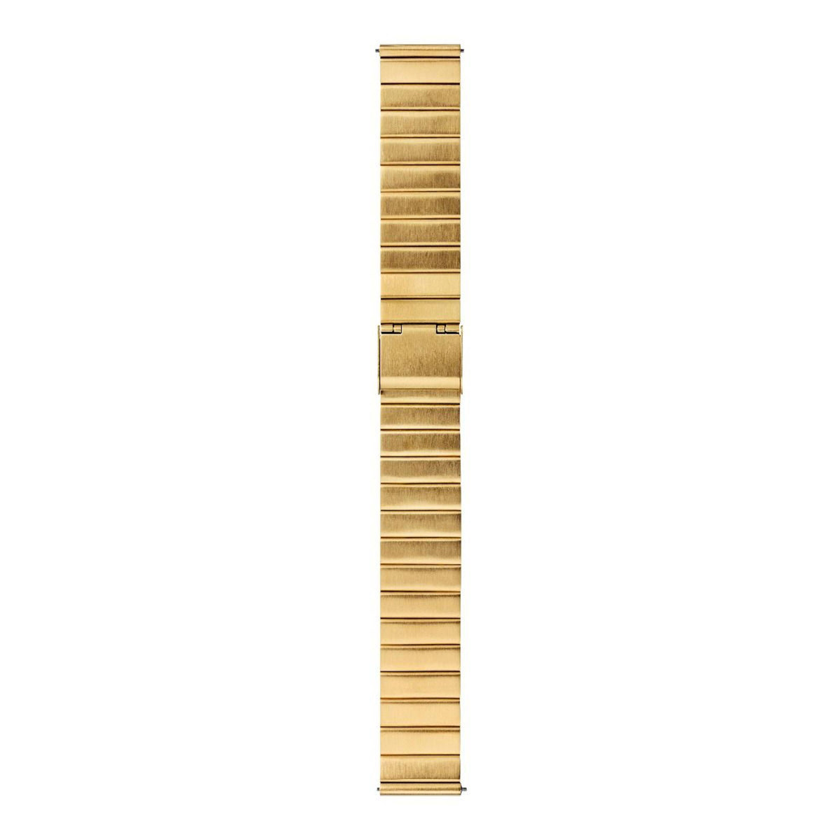 Gold-tone metal watch bracelet strap, straight view of links with center clasp