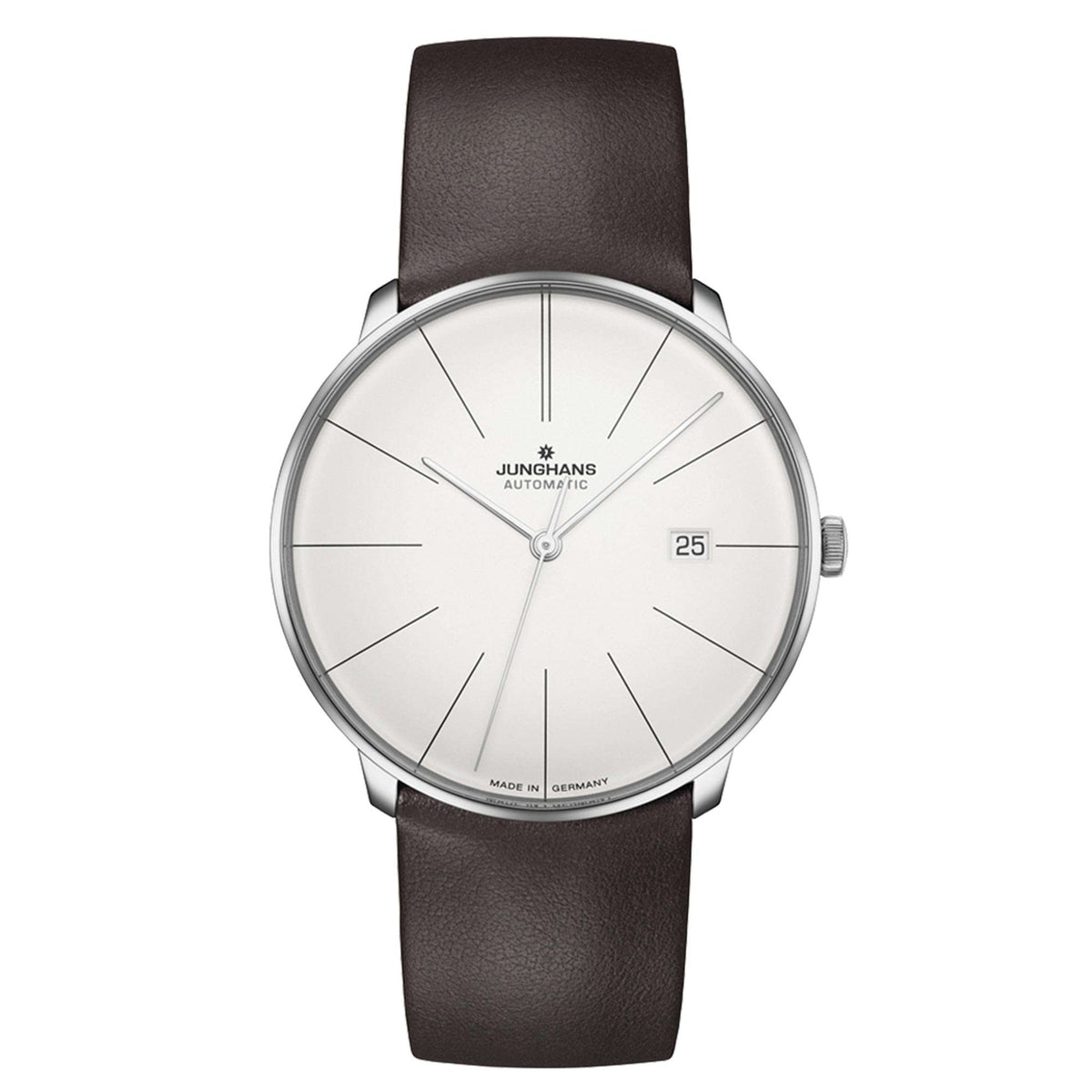Men's automatic wristwatch front view, white dial with date at 3 o'clock, dark brown strap