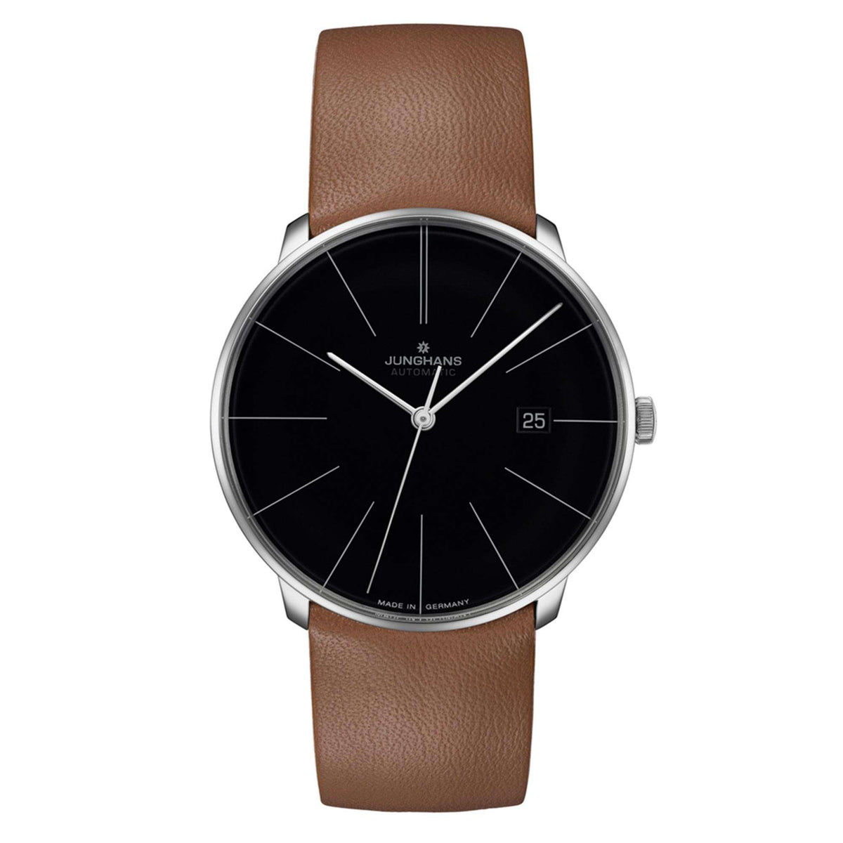 Men's automatic wristwatch with black dial, brown leather strap, round silver bezel