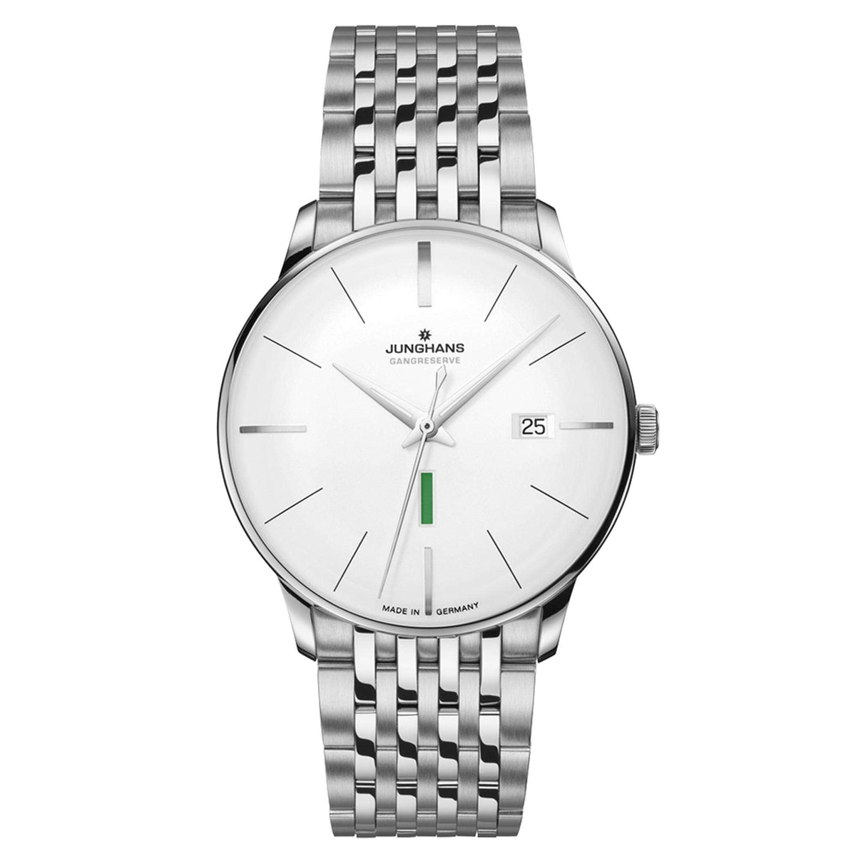 Men's Junghans watch, white dial with slender hands and stainless steel bracelet