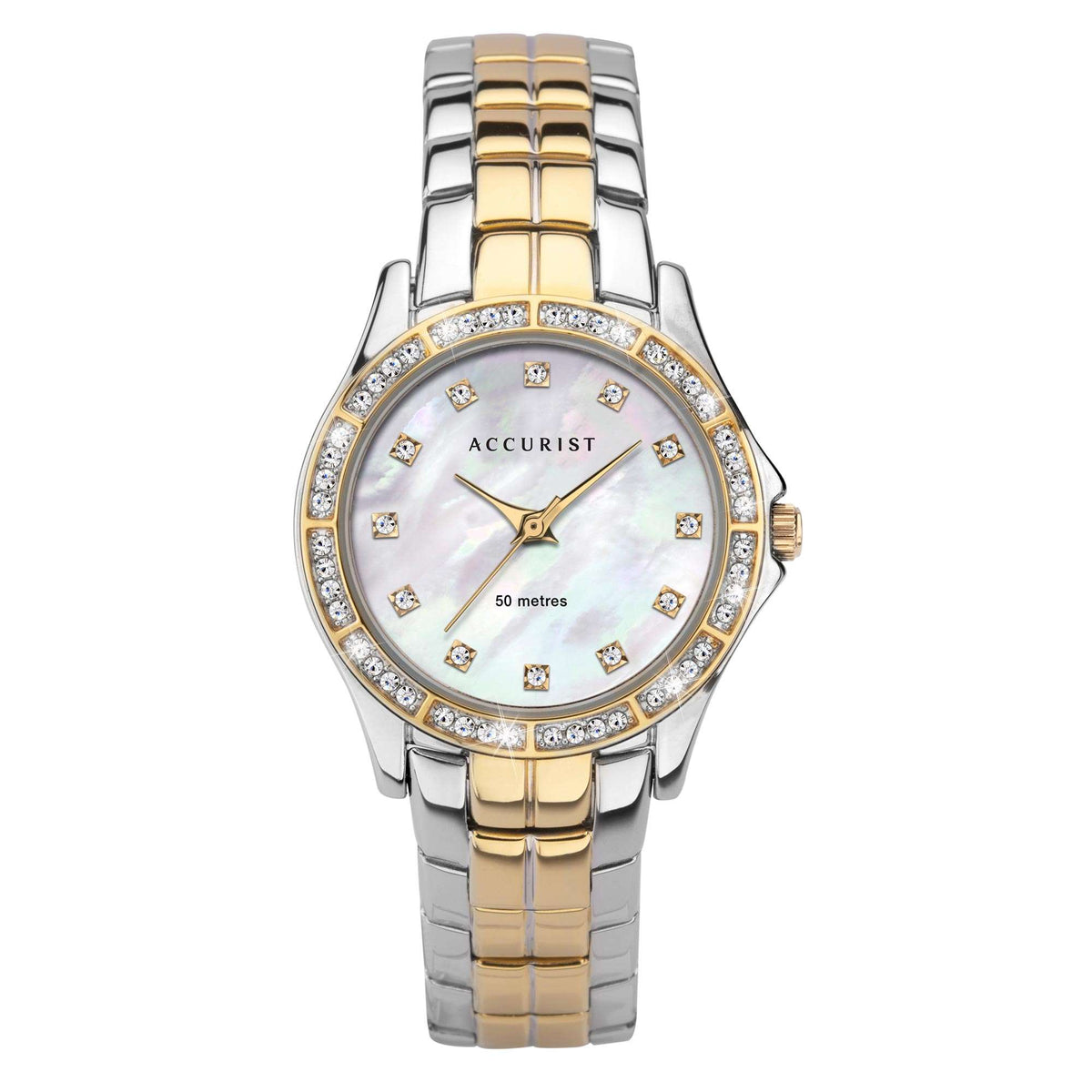 Two-tone metal bracelet watch with mother-of-pearl face, diamond-style bezel, and gold hands
