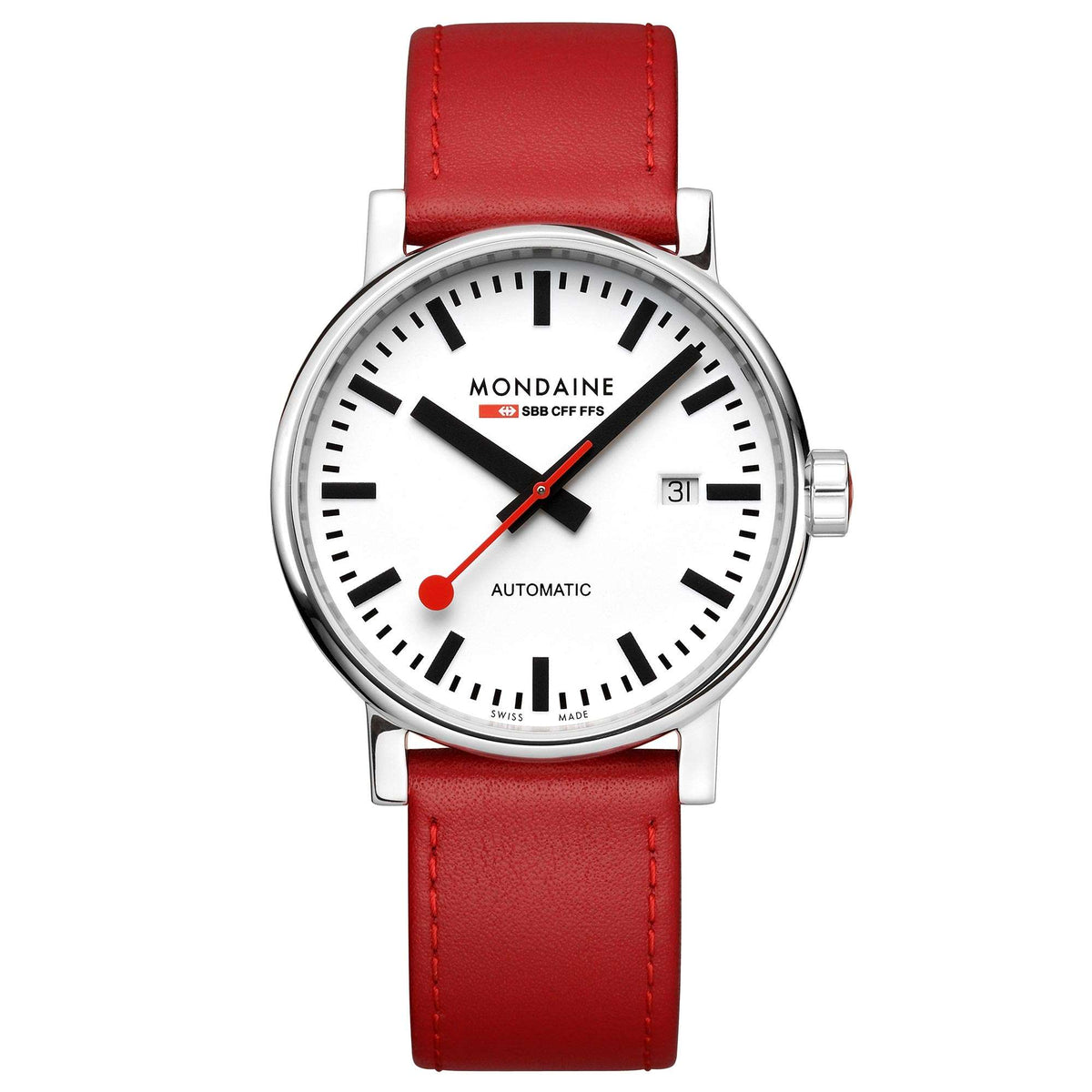 Mondaine men's automatic wristwatch with white dial, red leather strap, silver bezel