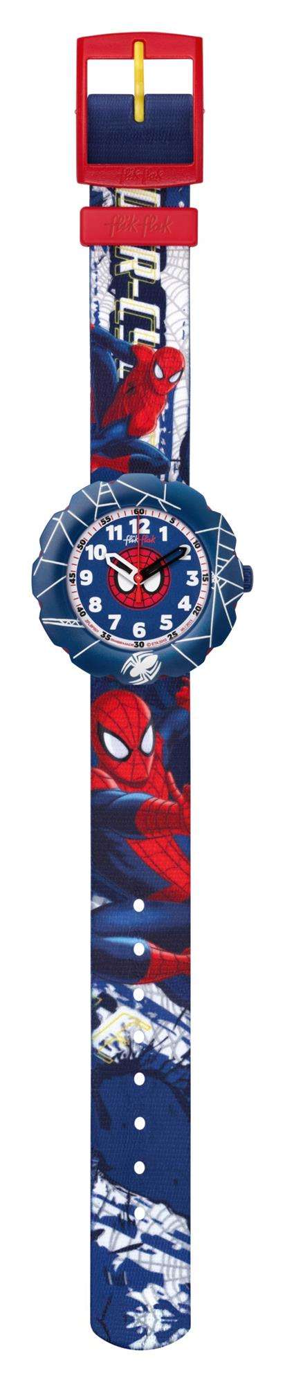 Kids Spider-themed analog wristwatch with blue web-print strap and red center spider dial