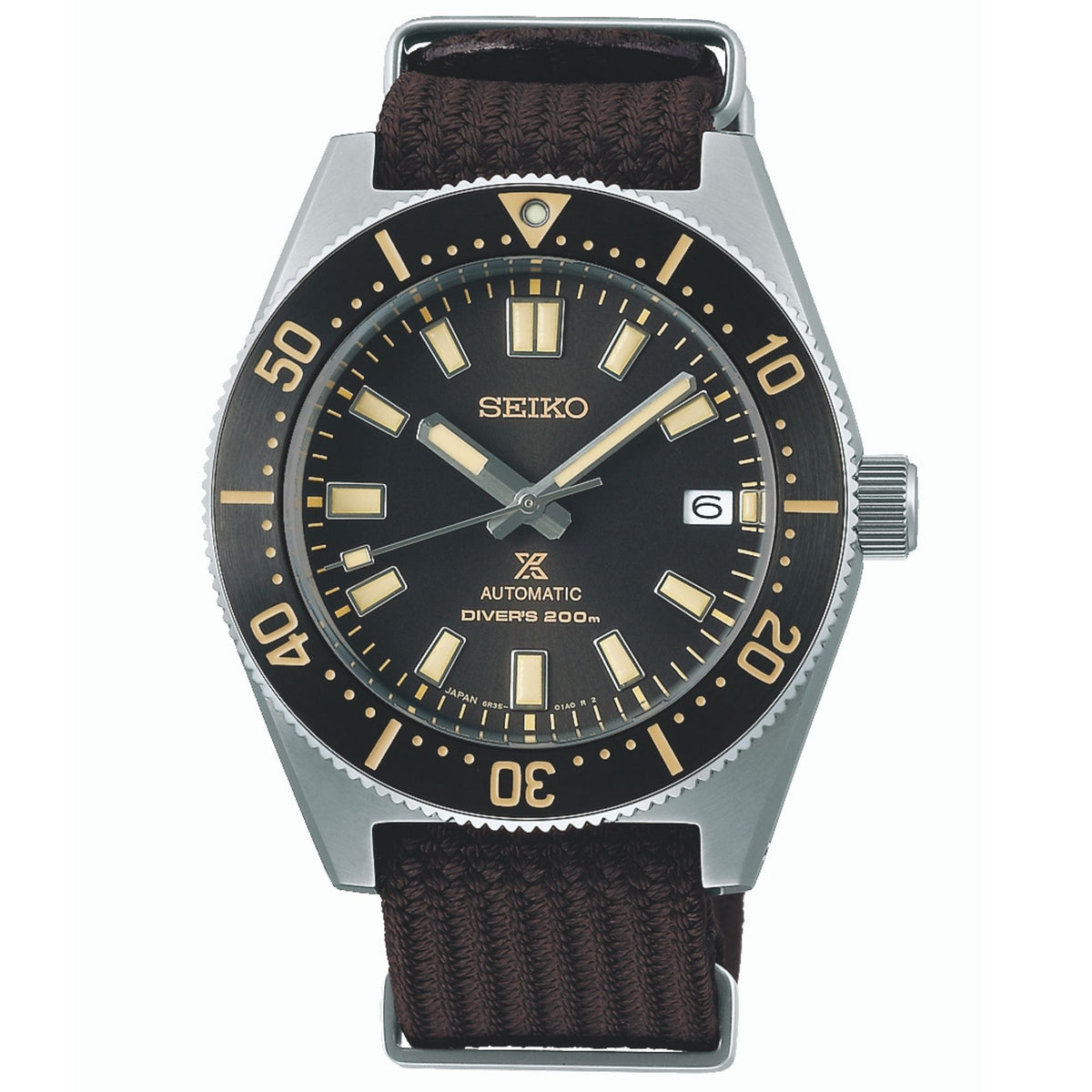 Men's Seiko diver watch front view, black dial with gold bezel markers and brown nylon strap