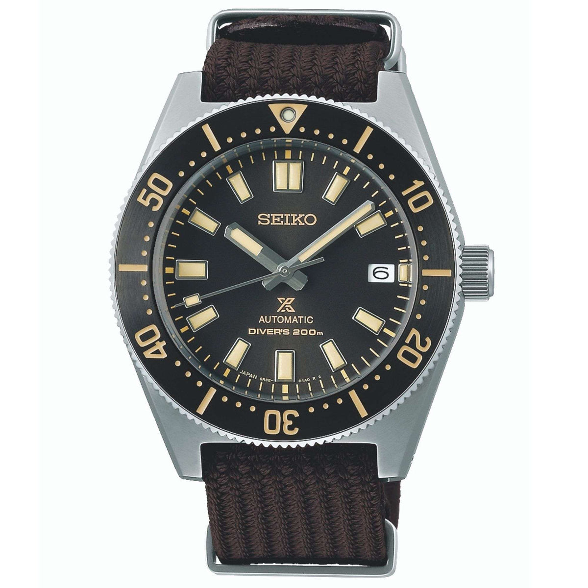 Men's Seiko diver watch front, black dial with gold bezel markings and brown nylon strap