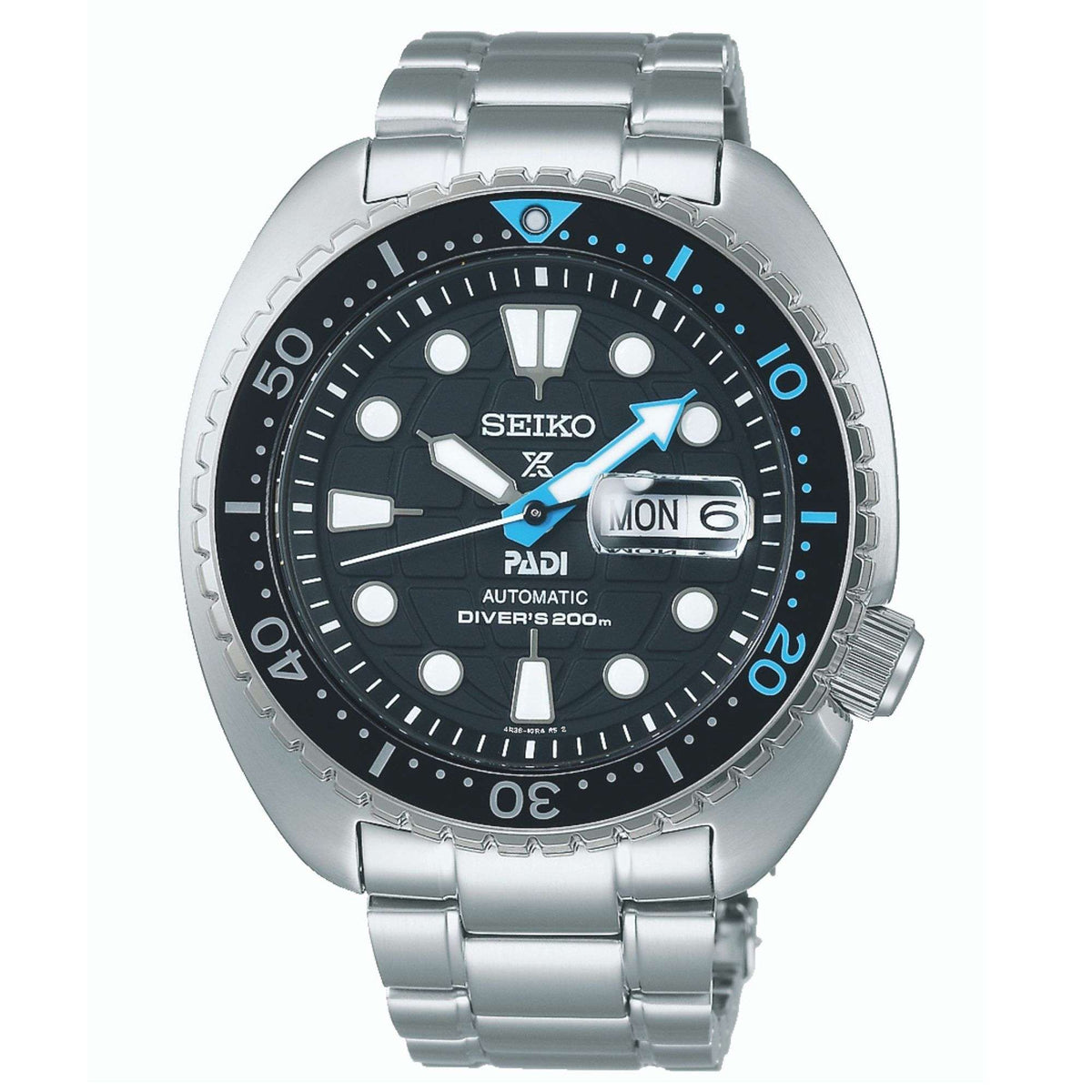 Men's stainless steel diver watch, black dial with PADI text, blue bezel, date display