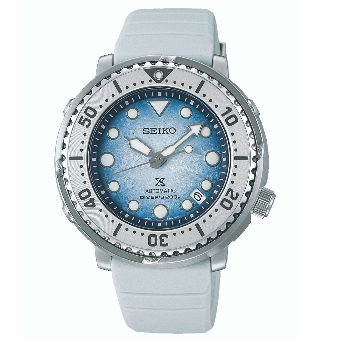 Front view of men's automatic diver watch with blue dial, steel bezel, and silicone strap
