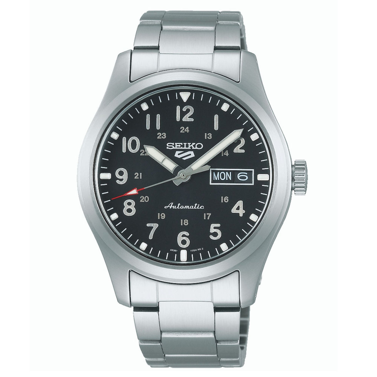 Front view of Seiko 5 Sports men’s watch with black dial, MON date window, steel bracelet