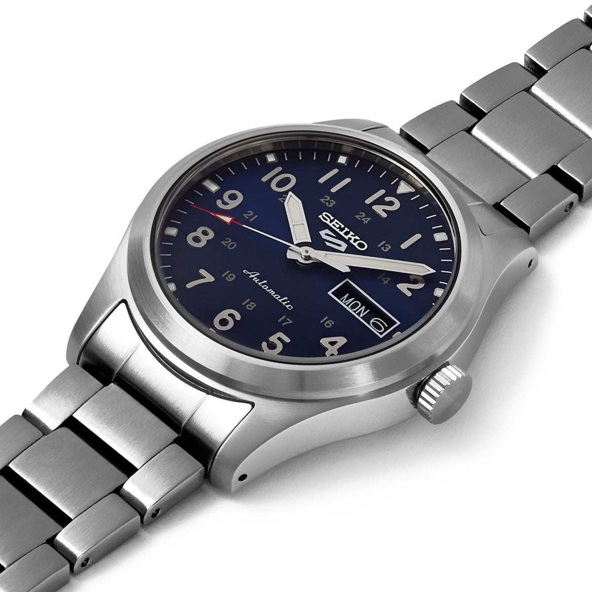 Men's automatic stainless watch angled view, blue dial with contrasting hands and link bracelet