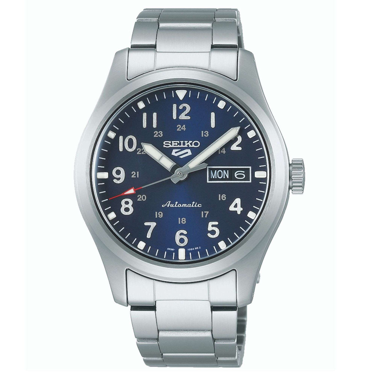 Men's automatic stainless watch front view with blue dial and MON day-date window