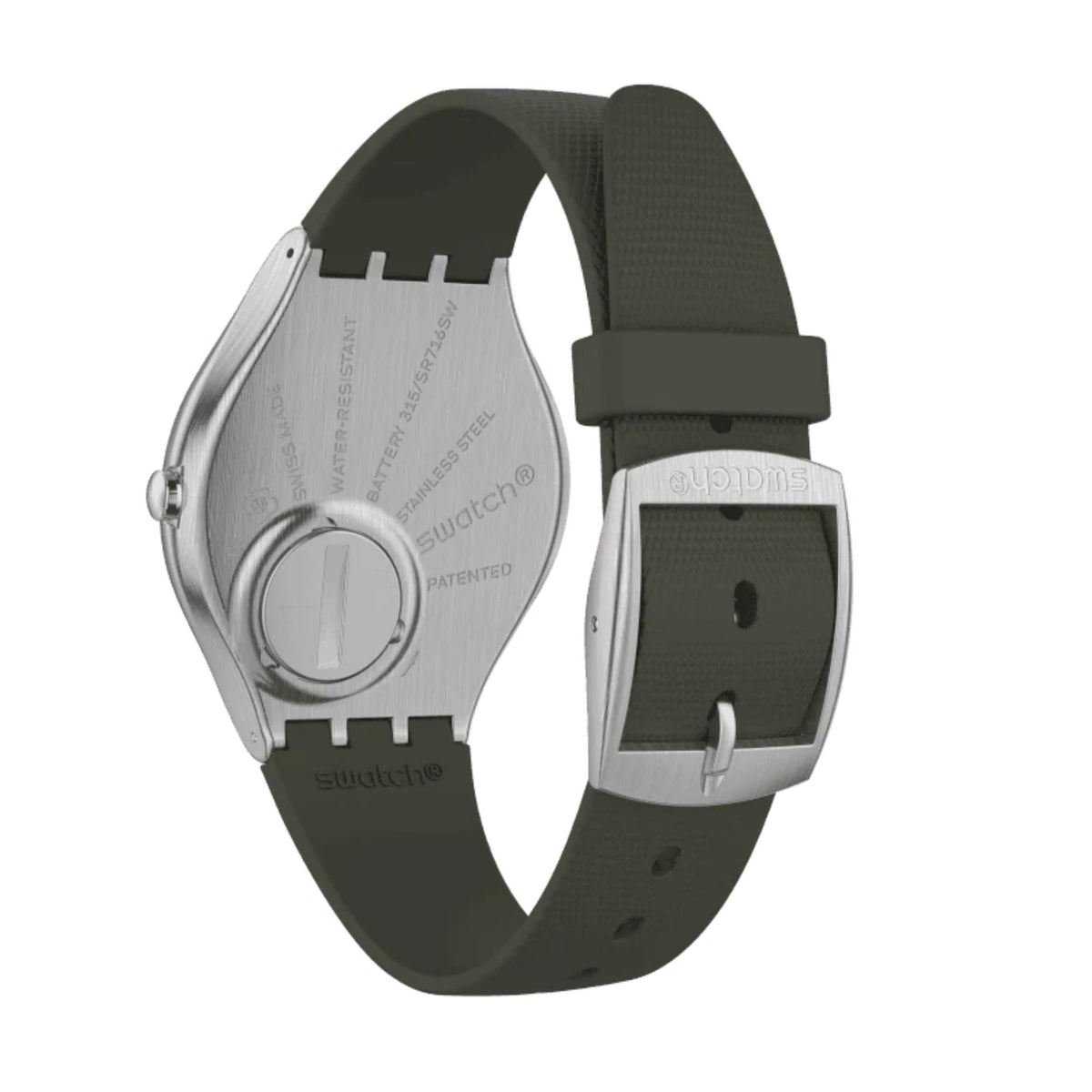 Men's wristwatch side view: case back and khaki dial with dark green strap