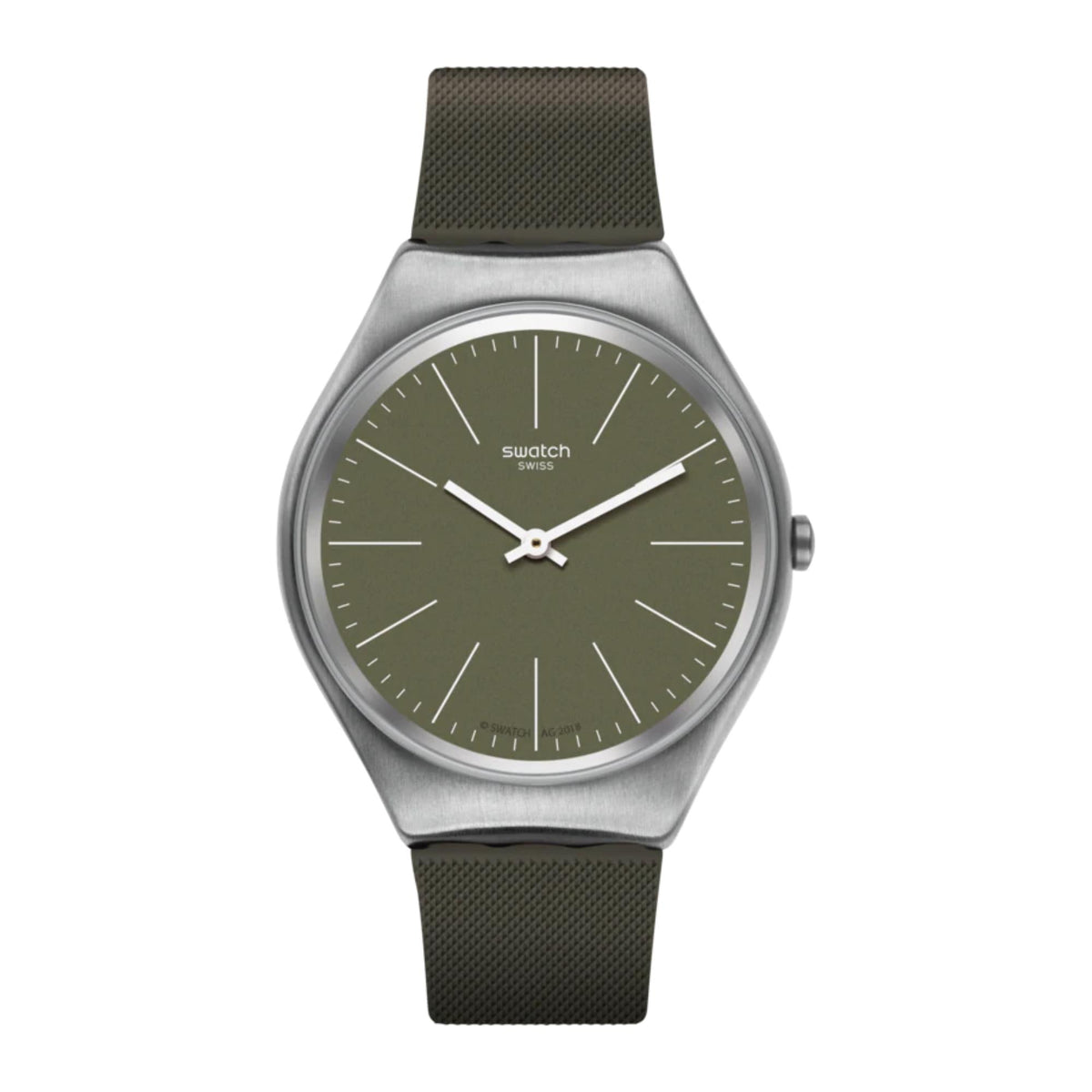 Men's wristwatch front: khaki-green dial, silver round case, dark green textured band