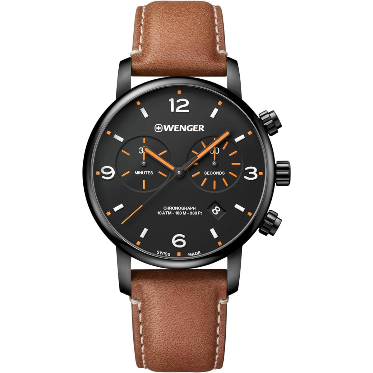 Men's Wenger chronograph quartz watch, black dial and brown leather strap, front view