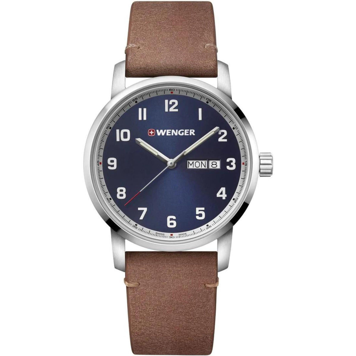 Men's quartz watch with blue dial and date window, brown leather strap, metal crown