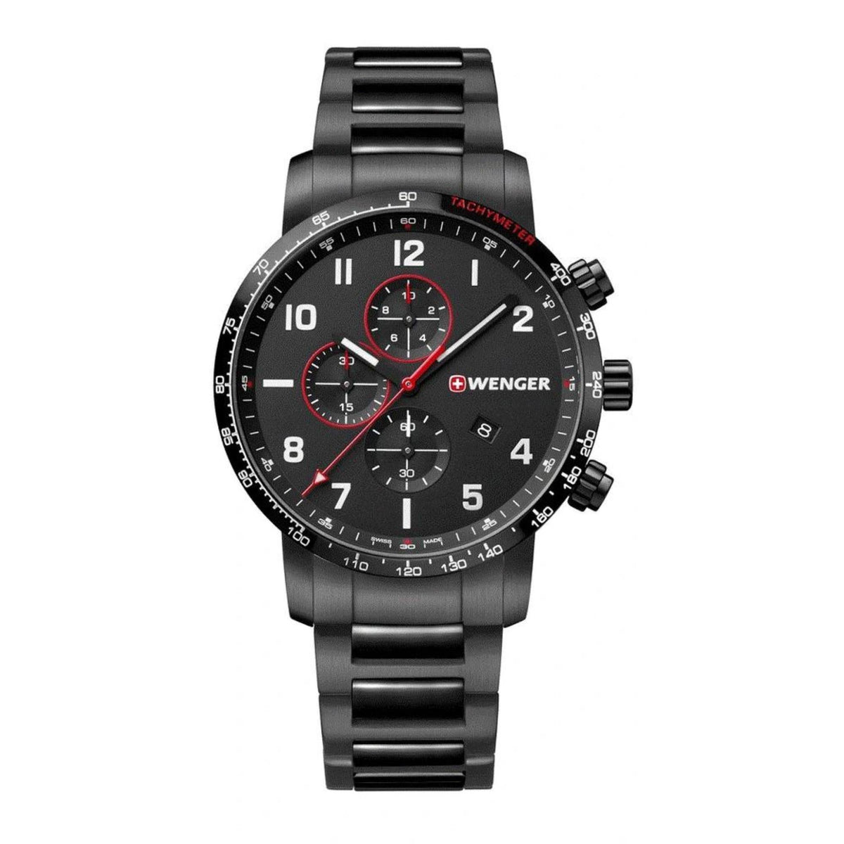 Men's black dial chronograph watch with red second hand and metal link bracelet
