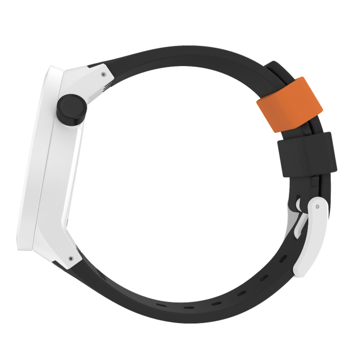 Quartz watch case with black bezel and orange silicone strap detail, side view