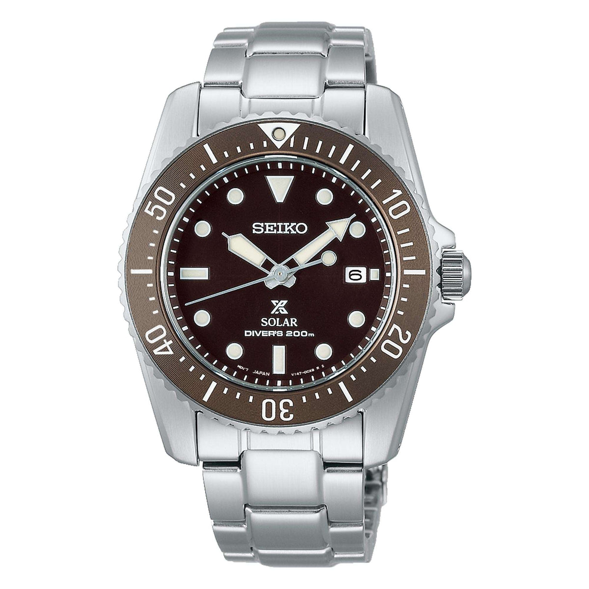 Men's Seiko solar diver wristwatch with stainless bracelet and dark dial, front view