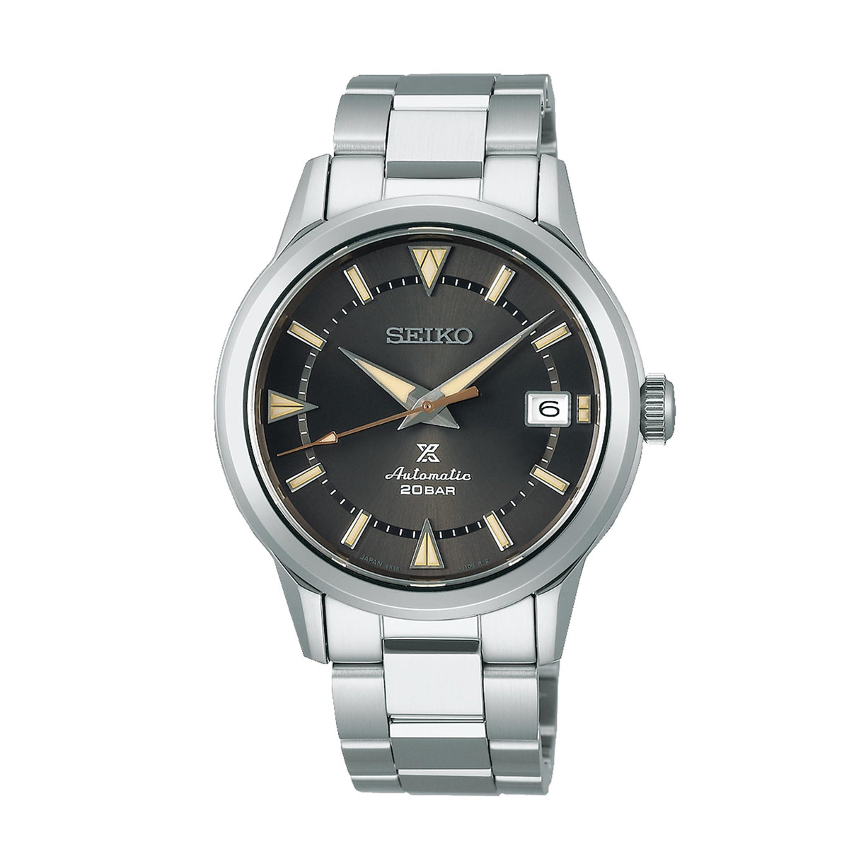 Men's stainless steel automatic watch with black dial, gold markers, date window, metal bracelet