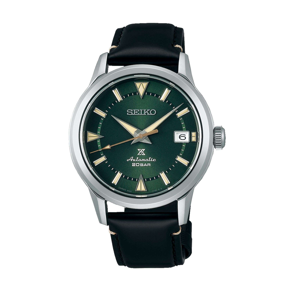 Seiko Prospex Alpinist automatic watch with green dial and black leather strap