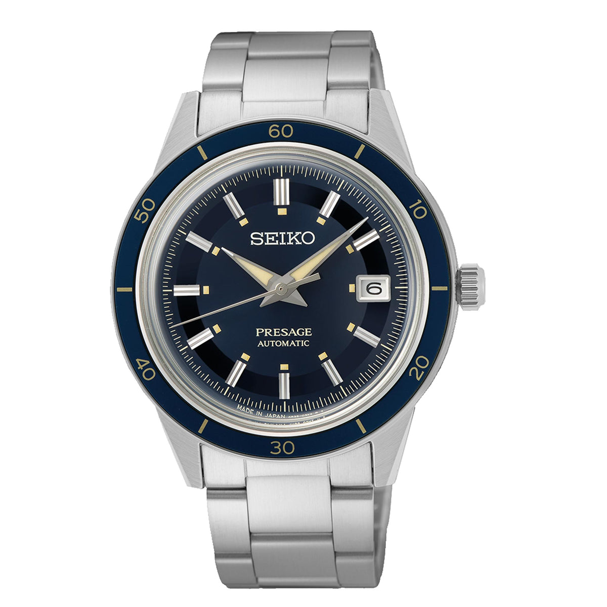 Men's automatic wrist watch with dark blue dial, gold-tone markers, and stainless bracelet
